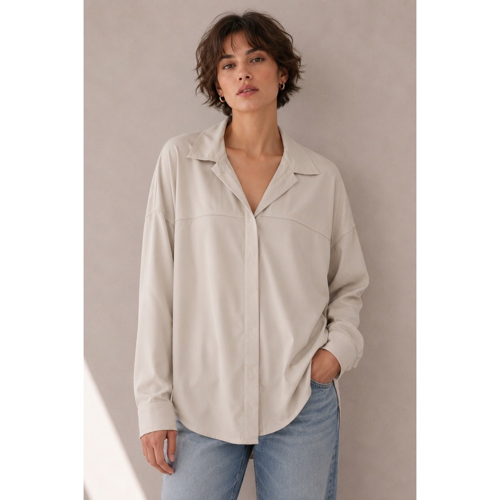 Mustard Seed Beige Faux Leather Button Down Shirt Oversized Vegan Shacket Medium
